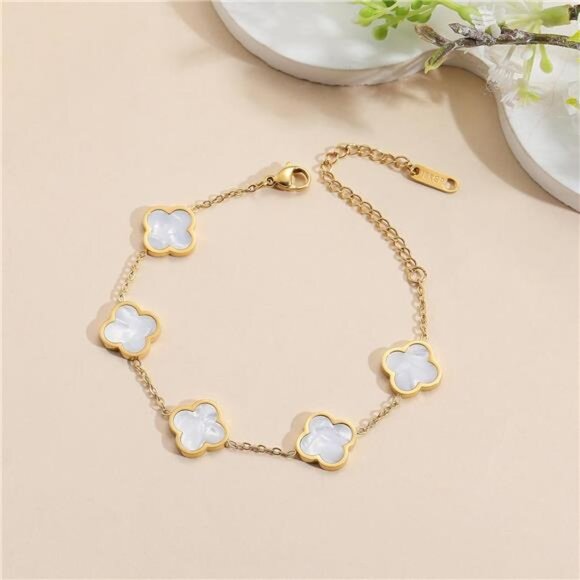 18K Gold Plated Clover Lucky Bracelet for Women White Flower - Picture 6 of 6